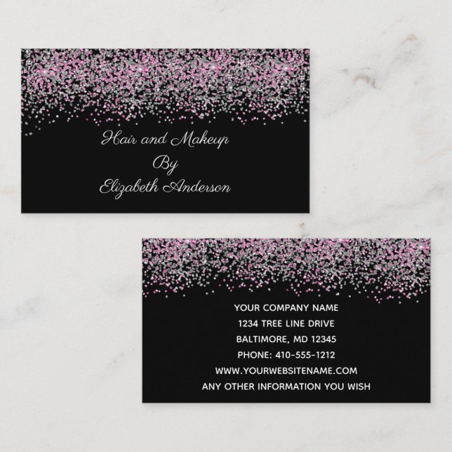 Tarjeta De Visita Purpurina rosa negro plateado superpuesto Glam Gir (Anverso / Reverso)