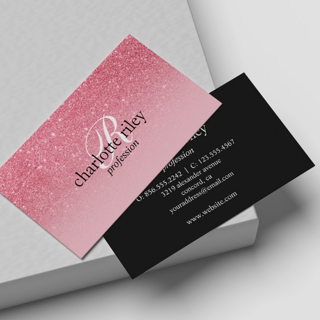 Tarjeta De Visita Purpurina Rosa Ombre Monograma Salon Makeup Nail (Subido por el creador)