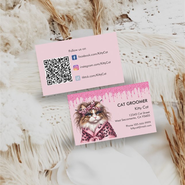 Tarjeta De Visita Purpurina Rosa Purr-fessional Cat Groomer Sitter (Subido por el creador)