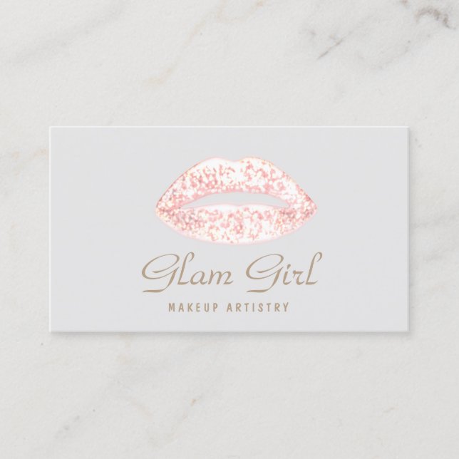 Tarjeta De Visita Purpurina Rosa Retro Glam Lips Artista De Maquilla (Anverso)