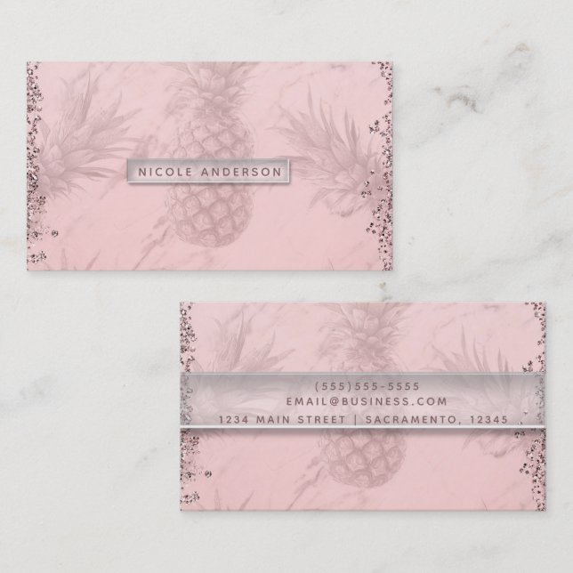 Tarjeta De Visita Purpurina Rosa Rosa Oro Pineapple Moda tropical (Anverso / Reverso)
