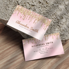 Tarjeta De Visita purpurina rosa y dorado fotografía con guión goteo