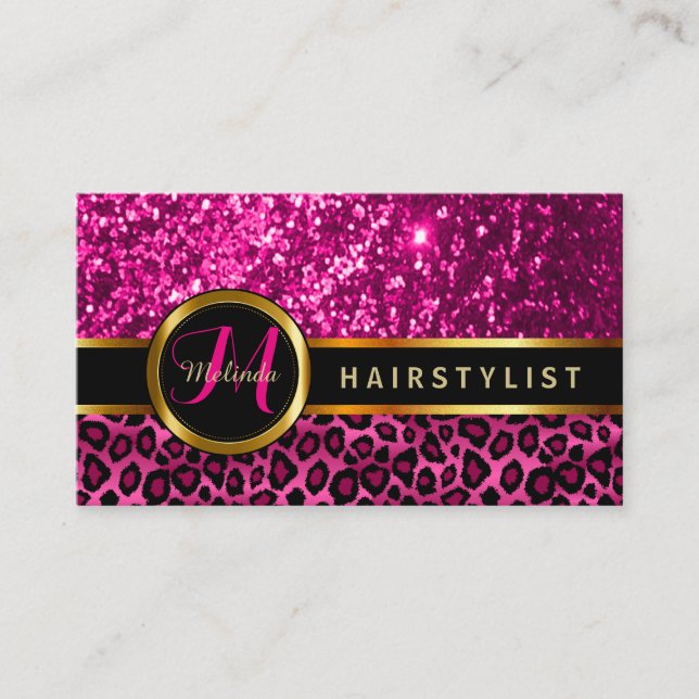 Tarjeta De Visita Purpurina rosa y piel de leopardo - Hairstylist ⭐  (Anverso)