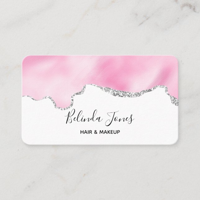 Tarjeta De Visita Purpurina Rosa y Plata Faux Borde elegante (Anverso)
