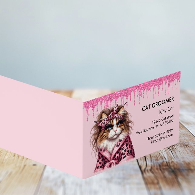 Tarjeta De Visita Purpurina rosado del lugar del cultivador del gato (Cat Groomer Sitter Pink Glitter Dripping Loyalty Business Card)