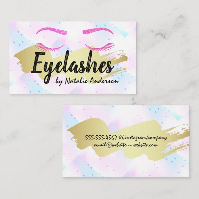 Tarjeta De Visita Purpurina rosado Eyelashes | Cepillado de oro | Be (Anverso / Reverso)
