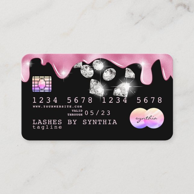 Tarjeta De Visita Purpurina rosado gotea diamantes de holograma de t (Anverso)