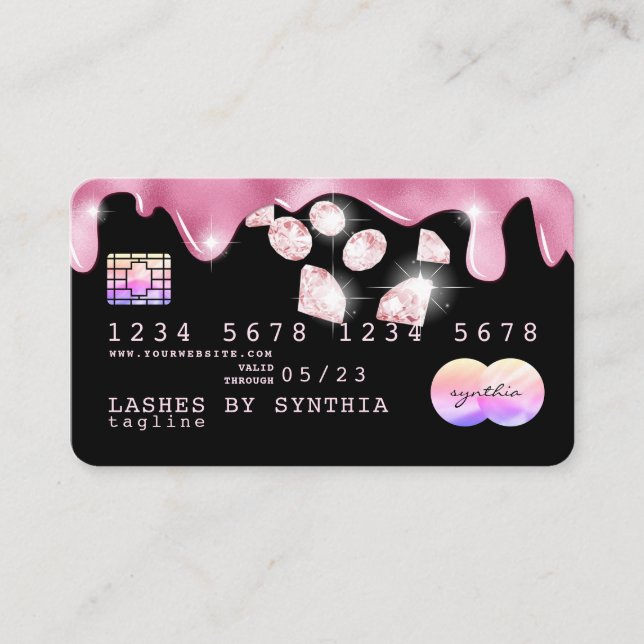 Tarjeta De Visita Purpurina rosado gotea diamantes de holograma de t (Anverso)