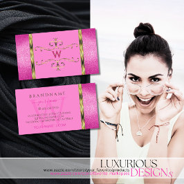 Tarjeta De Visita Purpurina rosado Ornamental de borde dorado con mo