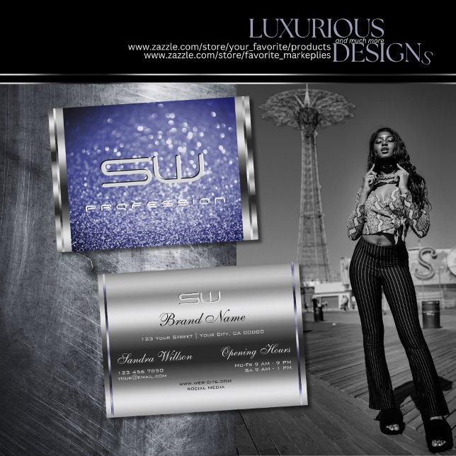 Tarjeta De Visita Purpurina Royal Blue Sparkle Monogram Silver de lu (Subido por el creador)