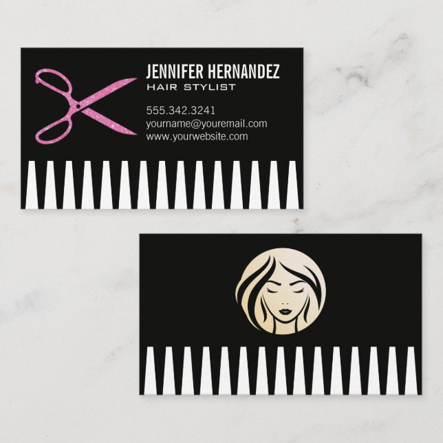 Tarjeta De Visita Purpurina Salon Scissors | Comb (Anverso / Reverso)