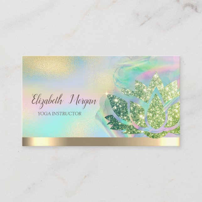 Tarjeta De Visita Purpurina verde Lotus Holographic Ink Yoga (Anverso)