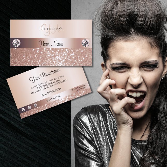 Tarjeta De Visita Purpurina y Monograma lujoso Rosa Gold Sparkling (Subido por el creador)