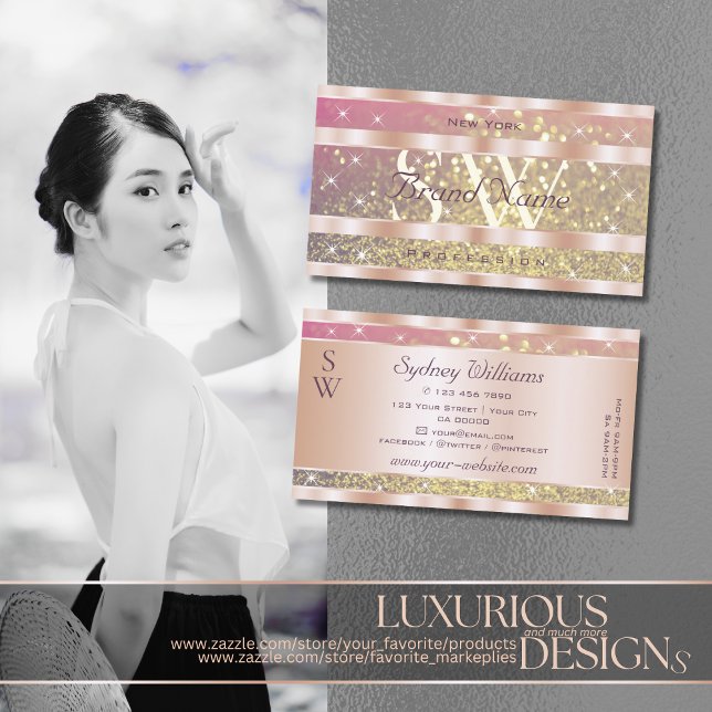 Tarjeta De Visita Purpurinas de oro morado rosado Estrellas Monogram (Subido por el creador)