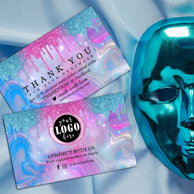 Tarjeta De Visita Purpurinas Holográficos de Unicorn Drips gracias (love just for you. 💖✨ #CustomerAppreciation #ThankYou #SpecialOffer #ShopWithUs)