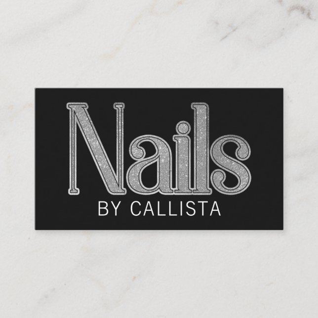 Tarjeta De Visita Purpurinas modernos Glam Black Silver Nails (Anverso)