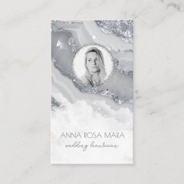 Tarjeta De Visita *~* QR AGate Marble FOTO LOGO SILVER AP66 Gris (Anverso)