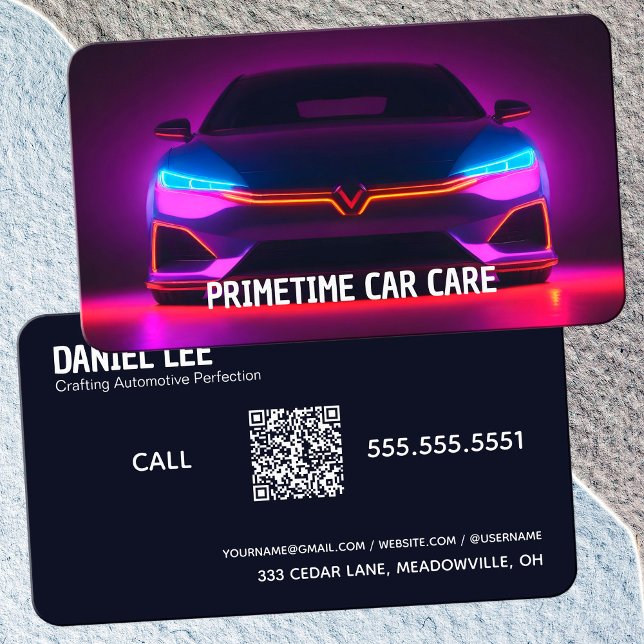 Tarjeta De Visita 🚨 QR Auto Detailer Neon (QR Auto Detailer Neon Business Cards)