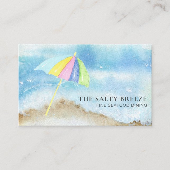 Tarjeta De Visita *~* QR Beach Sand Umbrella Sea Watercolor Ocean Bu (Anverso)