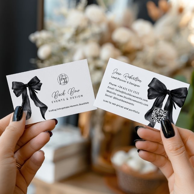 Tarjeta De Visita QR Black Coquette Bow Elegant Events Design (QR Black Coquette Bow Elegant Events Design Business Card)