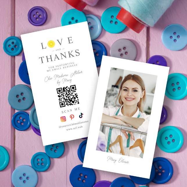 Tarjeta De Visita QR Chic Yellow Button Love & Thanks Photo Support (QR Chic Yellow Button Love & Thanks Photo Supporting Small Business Card.)