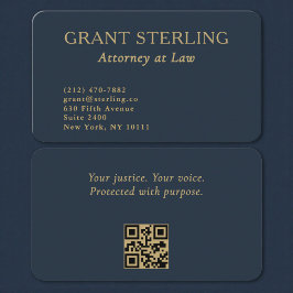 Tarjeta De Visita QR Code Attorney at Law Navy Blue Gold 