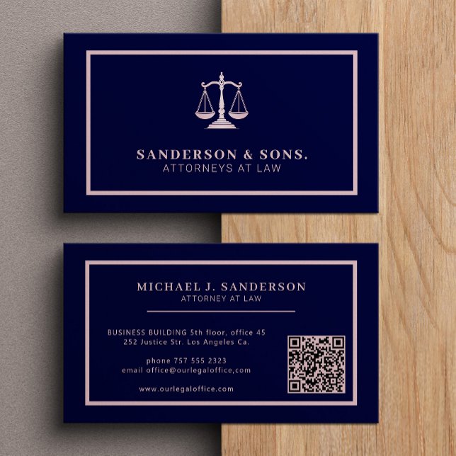 Tarjeta De Visita QR code attorney lawyer professional rosegold navy (Subido por el creador)