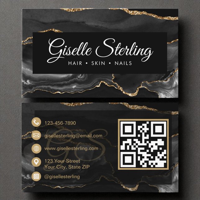 Tarjeta De Visita QR Code Black Gold Agate Elegant Luxury (Subido por el creador)