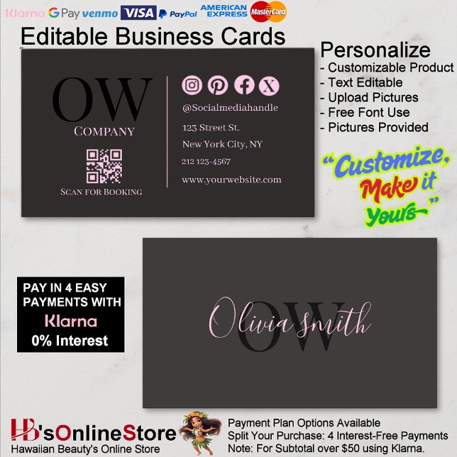 Tarjeta De Visita QR Code Black Pink Elegant Initial Social Media (QR Code Black Pink Elegant Initial Social Media Business Card.)