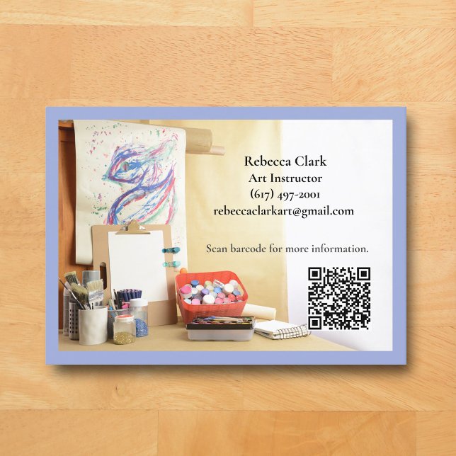 Tarjeta De Visita QR Code Blue Art Teacher Tutor Art Class  (Blue Art Classroom Business Card for Teacher )
