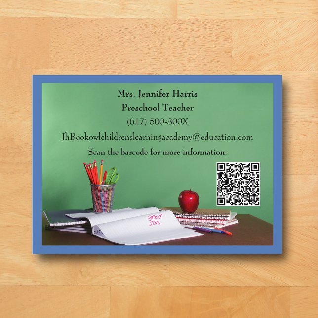 Tarjeta De Visita QR Code Blue Grade School Preschool Teacher  (Blue Business Card for Teacher)