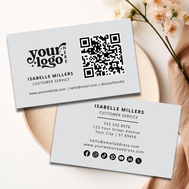 Tarjeta De Visita QR Code Business Logo Gris profesional moderno (QR Code Business Logo Modern Professional Beige Business Card)