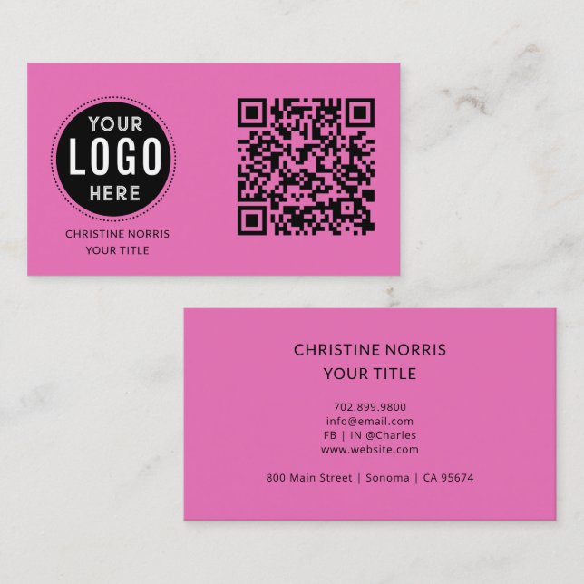 Tarjeta De Visita QR Code Business Logo | Modern Hot Pink (Anverso / Reverso)