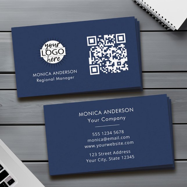 Tarjeta De Visita QR Code Business Logo Navy profesional moderno (Custom QR Code Logo Modern Navy Blue Business Card)