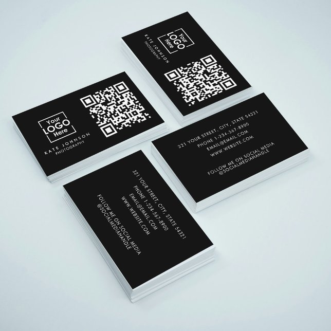 Tarjeta De Visita QR Code Business Logo Profesional Negro moderno (QR Code Business Logo Professional Modern Black Business Card)