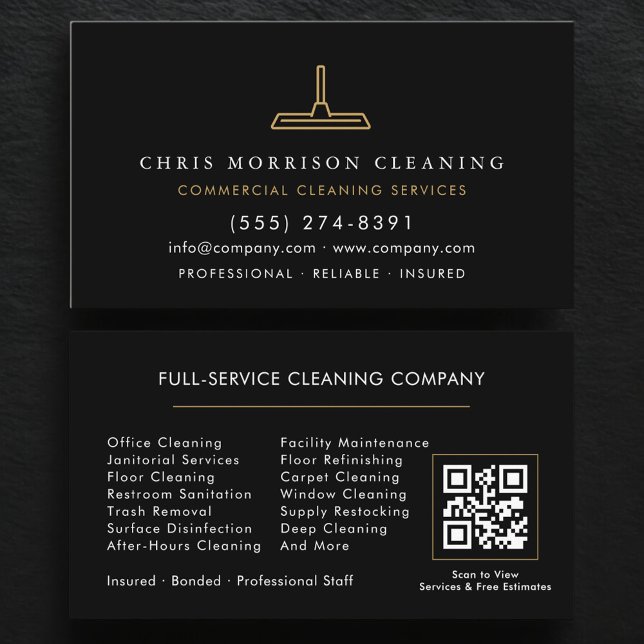 Tarjeta De Visita QR Code Commercial Cleaning Black Gold (Subido por el creador)