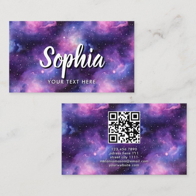 Tarjeta De Visita QR Code Cosmic Galaxy Stars Purple Nebula (Anverso / Reverso)