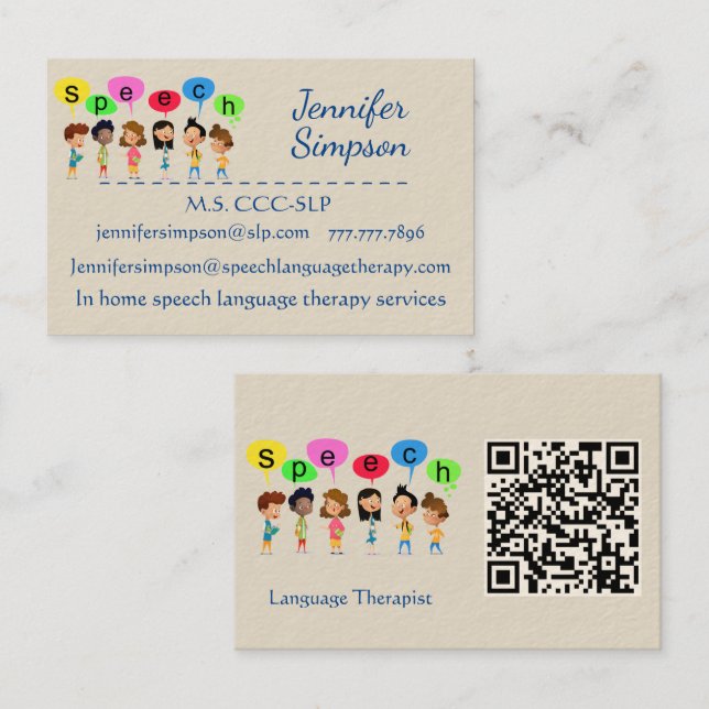 Tarjeta De Visita QR Code Cute Kids Cartoon Holding Speech Words (Anverso / Reverso)