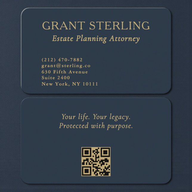 Tarjeta De Visita QR Code Estate Planning Attorney Navy Blue Gold  (Subido por el creador)