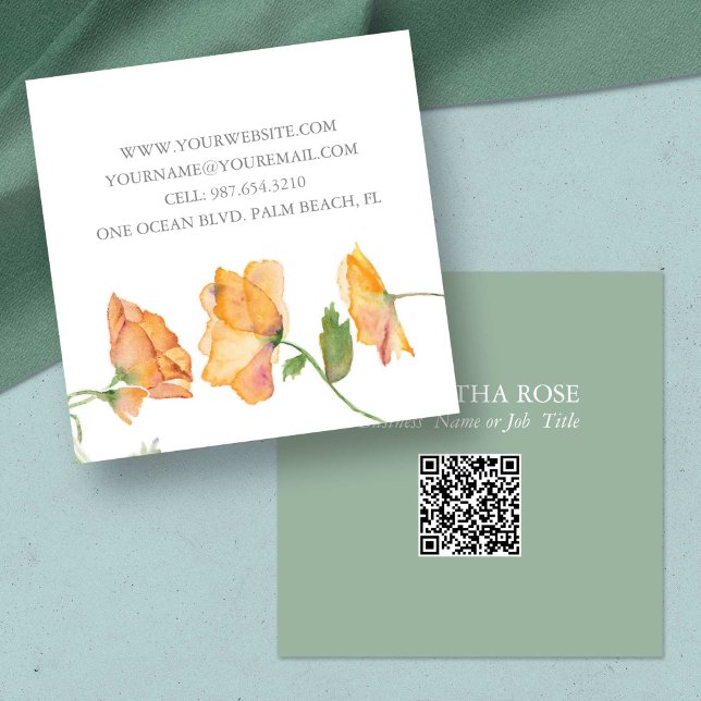 Tarjeta de visita QR Code - Floral acuarela (unique business cards botanical QR code watercolor orange poppies flowers)