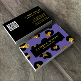 Tarjeta De Visita QR CODE Glam Purpurina Purple Leopard print Luxury