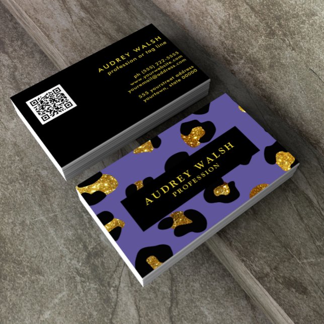 Tarjeta De Visita QR CODE Glam Purpurina Purple Leopard print Luxury (Subido por el creador)