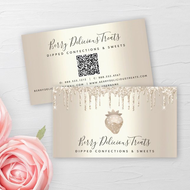 Tarjeta De Visita QR Code Gold Drips postre de confitería de fresa (Subido por el creador)