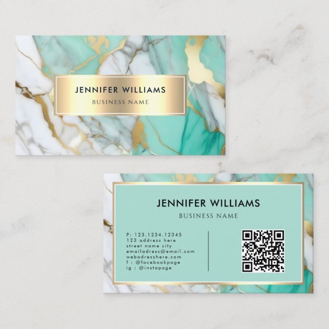 Tarjeta De Visita QR Code Gold Green Marble Elegant Modern (Anverso / Reverso)
