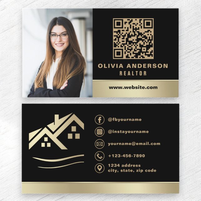 Tarjeta De Visita QR Code Gold House Black Inmobiliaria Realtor (Subido por el creador)