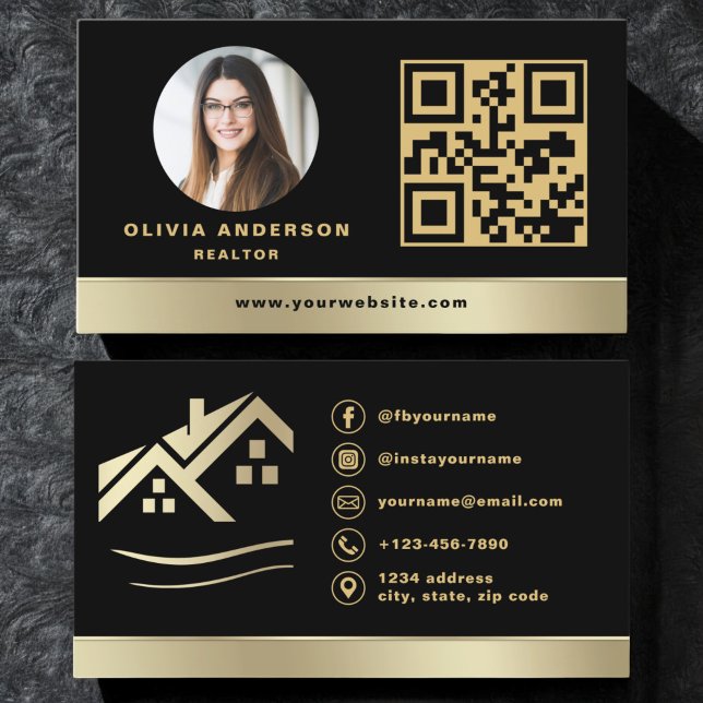 Tarjeta De Visita QR Code Gold House Black Inmobiliaria Realtor (Subido por el creador)