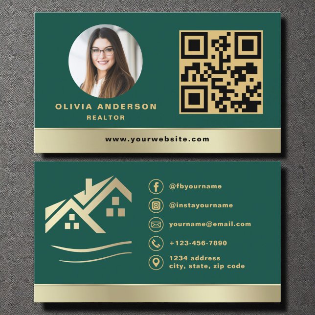 Tarjeta De Visita QR Code Gold House Green Real Estate Realtor (Subido por el creador)
