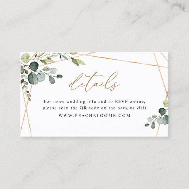 Tarjeta De Visita QR Code Greenery Gold Wedding Website Details Card (Anverso)
