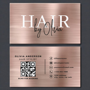 Tarjeta De Visita QR Code Hair Stylist Rosa Gold Faux Metallic