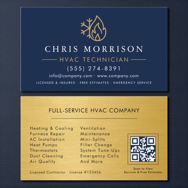 Tarjeta De Visita QR Code HVAC Technician Navy Blue Gold (Subido por el creador)